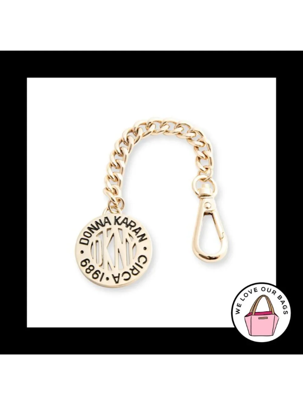 Y2K Vintage DKNY DONNA KAREN Cutout Gold Chain Bag Charm Hang Tag Keychain Fob